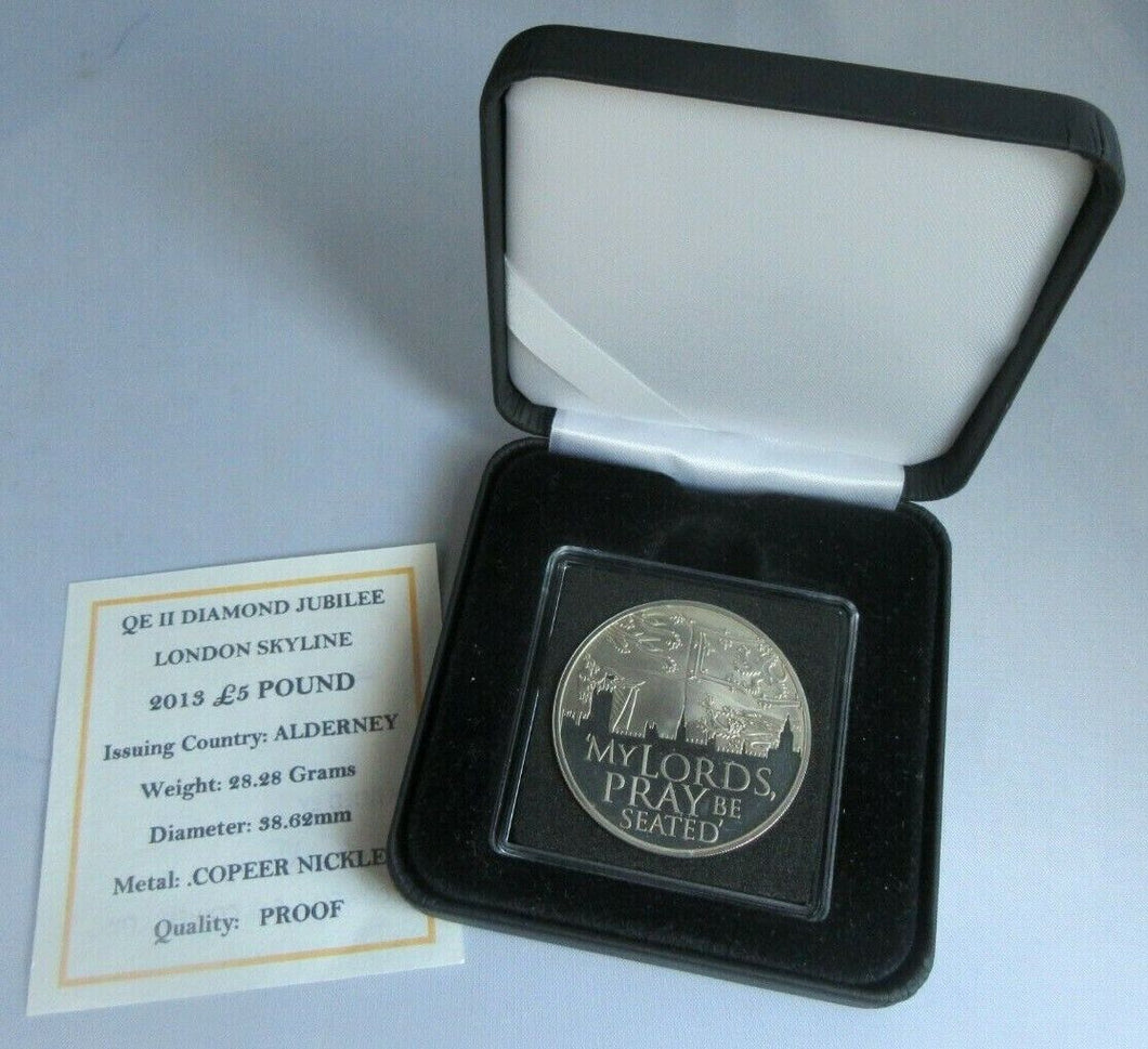 2012 QEII LONDON SKYLINE PROOF ALDERNEY £5 FIVE POUND COIN BOX & COA