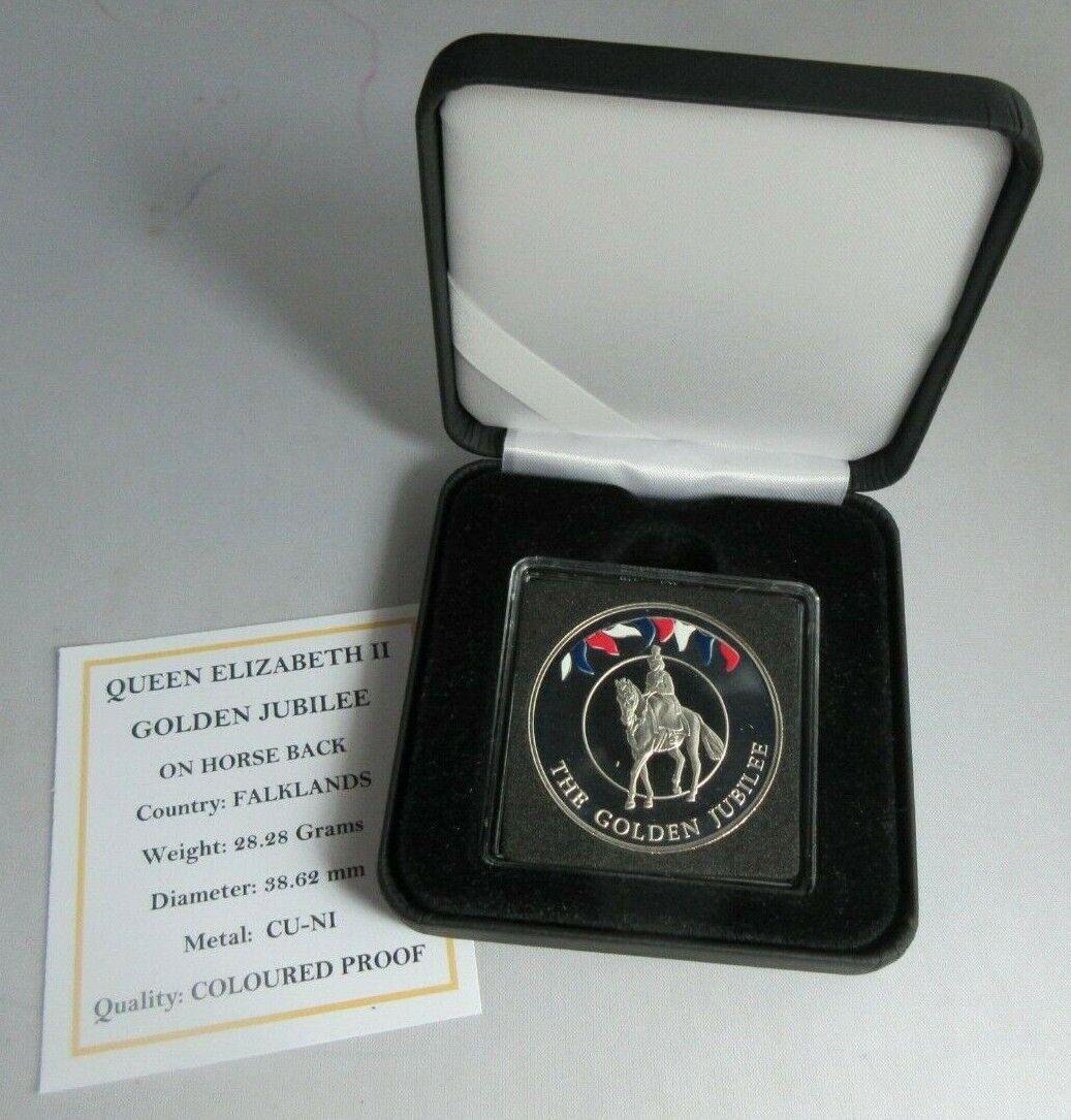 2002 QEII GOLDEN JUBILEE ON HORSE BACK 50P CROWN COLOURED PROOF BOX & COA