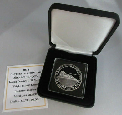 2014 CAPTURE OF GIBRALTAR SILVER PROOF £20 TWENTY POUND COIN WITH BOX & COA