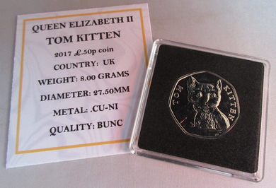 2017 TOM KITTEN QEII BUNC 50P FIFTY PENCE COIN QUAD CAPSULE & COA