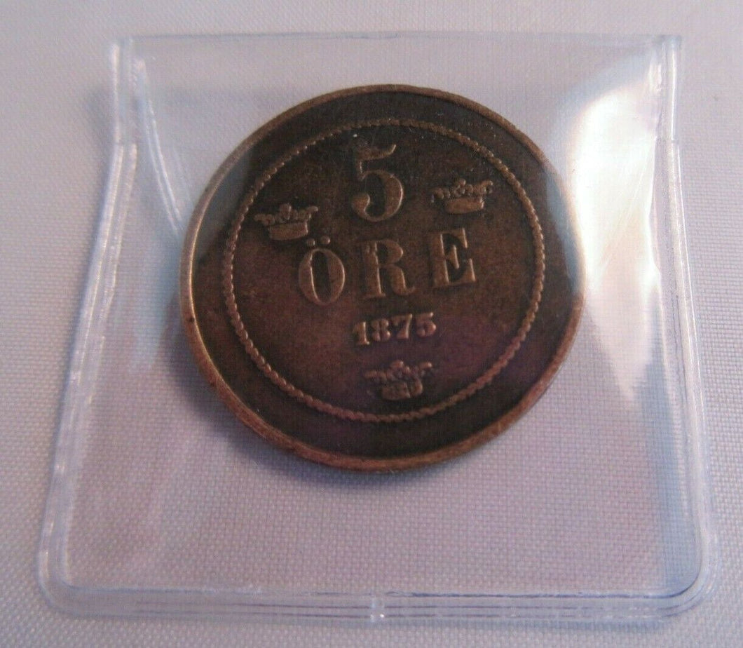 1875 SWEDEN 5 ORE BRONZE EF-W PRESENTED IN CLEAR FLIP