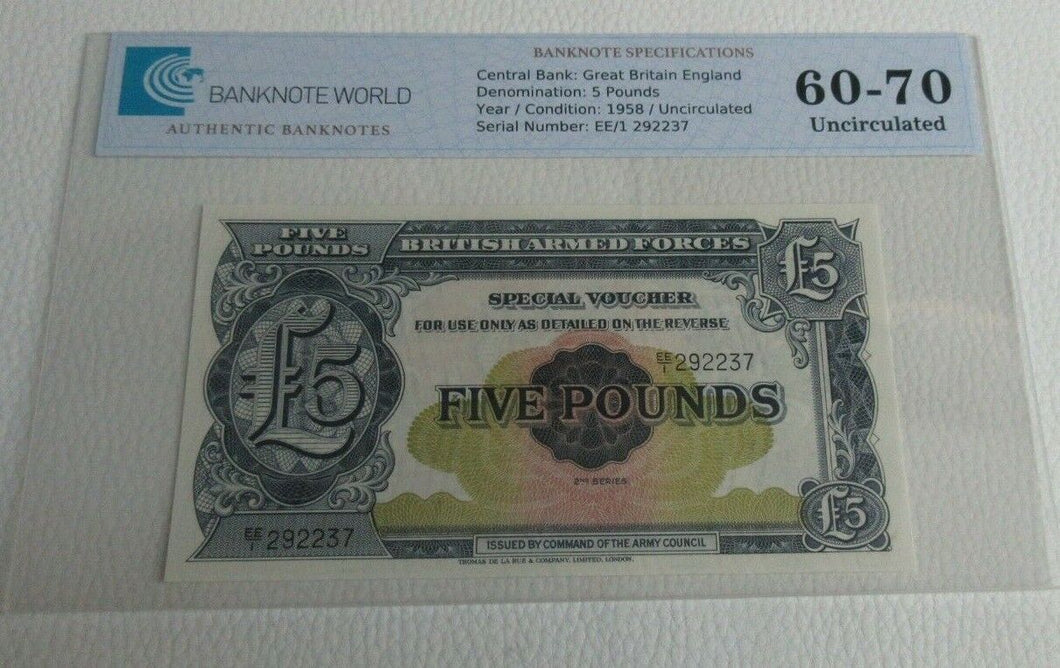 BRITAN ARMED FORCES £5 NOTE Uncirculated 1958 FIVE Pound GRADED EE1 292237