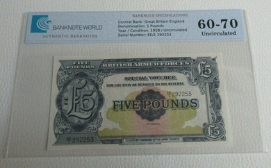 BRITAN ARMED FORCES £5 NOTE Uncirculated 1958 FIVE Pound GRADED EE1 292253