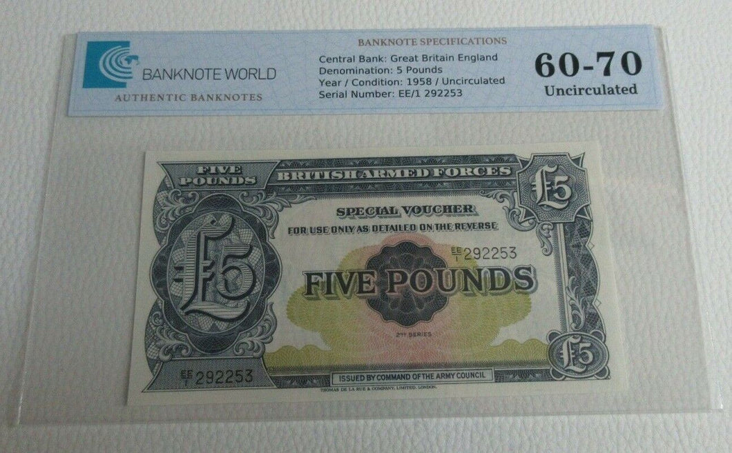 BRITAN ARMED FORCES £5 NOTE Uncirculated 1958 FIVE Pound GRADED EE1 292253
