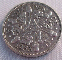 Load image into Gallery viewer, 1933 KING GEORGE V BARE HEAD SIXPENCE aUNC COIN  .500 SILVER COIN IN CLEAR FLIP
