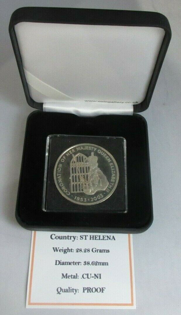 1953-2003 QE II CORONATION PROOF ST HELENA FIFTY PENCE CROWN COIN BOX & COA
