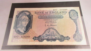 1957 O'BRIEN BRITANNIA FIVE POUND £5 NOTE FEB 1957 AEF D77 515698