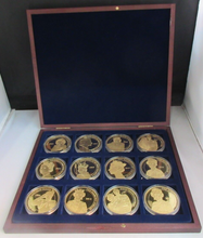 Load image into Gallery viewer, 2012 PORTRAITS OF THE QUEEN GOLD PLATED PROOF MEDAL SET WITH COA &amp; BOX 12 MEDALS
