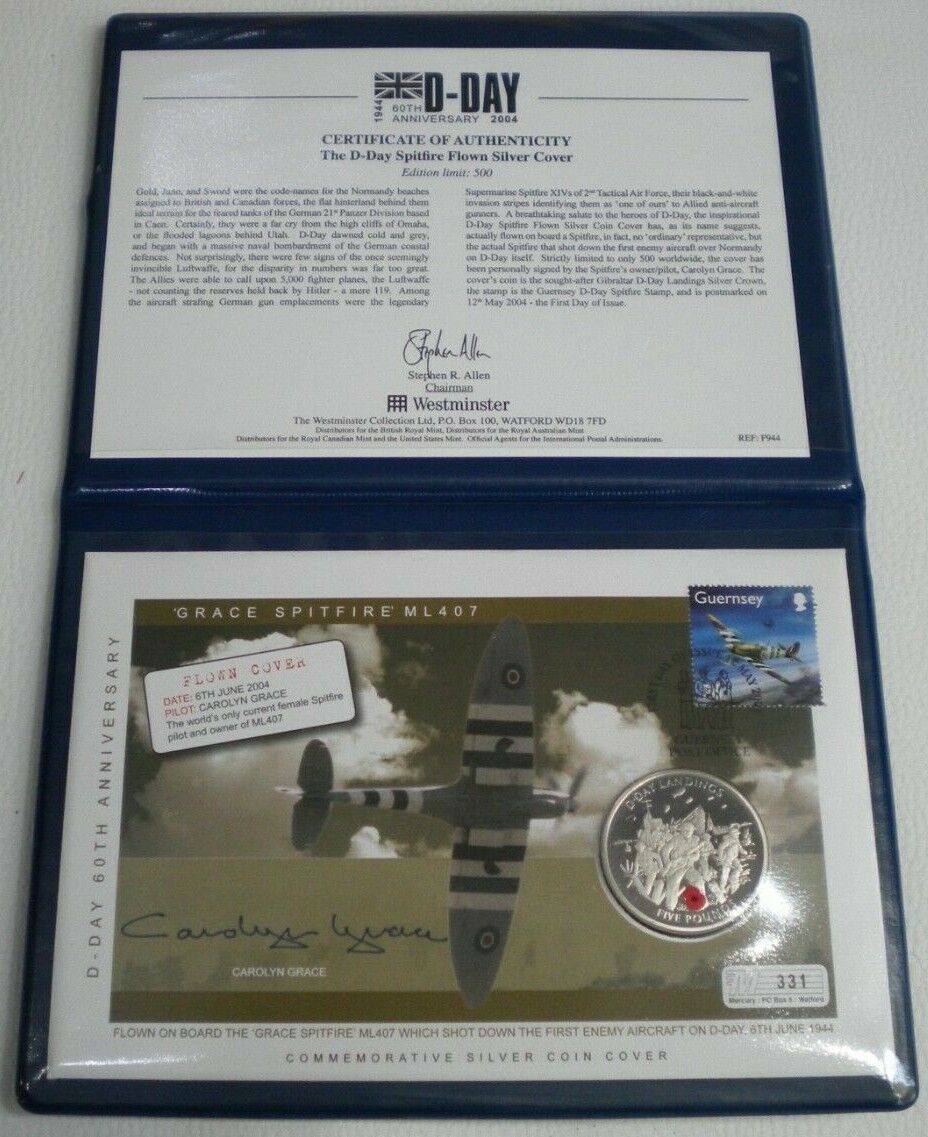 D-DAY 60TH ANNIVERSARY GRACE SPITFIRE SIGNED & FLOWN £5 SILVER CROWN COVER PNC