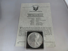 Load image into Gallery viewer, 1993 USA SILVER EAGLE 1 TROY OUNCE OF .999 SILVER BOX &amp; CERTIFICATE
