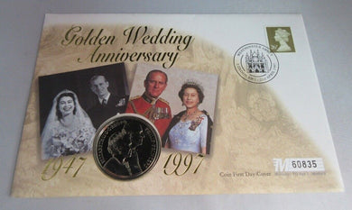 1947-1997 GOLDEN WEDDING ANNIVERSARY, £5 CROWN COIN FIRST DAY COVER PNC