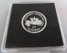 Load image into Gallery viewer, 1993 QE II CORONATION COACH ALDERNEY SILVER PROOF £1 COIN BOX &amp; COA
