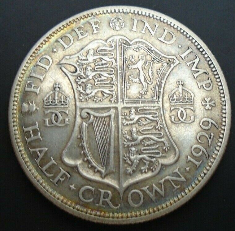 1929 GEORGE V BARE HEAD COINAGE HALF 1/2 CROWN SPINK 4037 CROWNED SHIELD 1