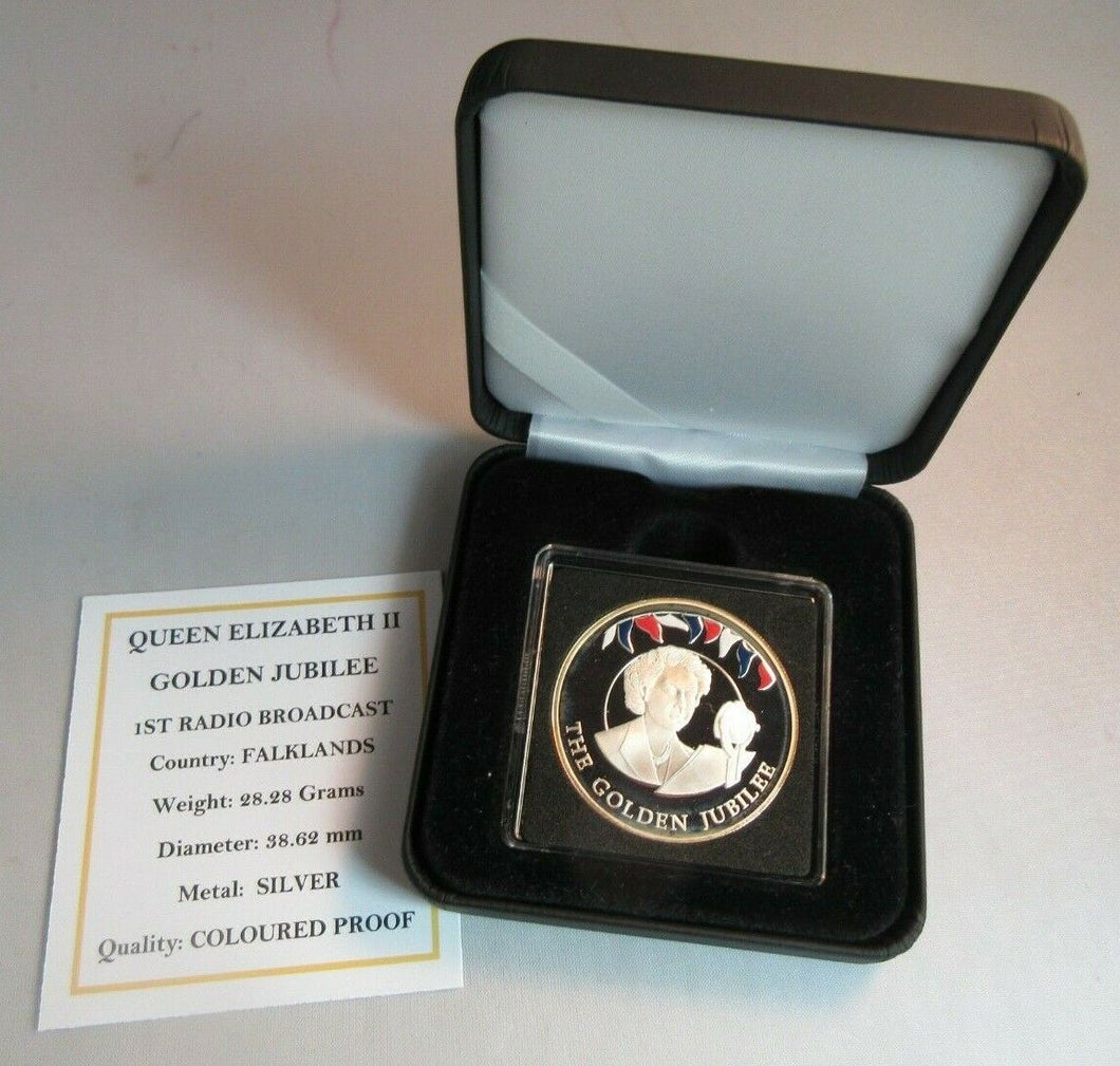 2002 QEII GOLDEN JUBILEE 1ST RADIO BROADCAST PROOF 50P CROWN SILVER COLOUR BOXED