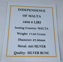 Load image into Gallery viewer, 1989 INDEPENDENCE OF MALTA SILVER BUNC MALTA 2 LIRI COIN WITH BOX &amp; COA
