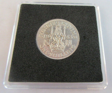 1943 KING GEORGE VI BARE HEAD .500 SILVER aUNC ONE SHILLING COIN & CAPSULE