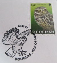 Load image into Gallery viewer, 1997 BARN OWL &amp; LITTLE OWL PAIR OF FIRST DAY COVERS IOM STAMPS WITH ALBUM SHEET
