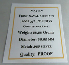 Load image into Gallery viewer, 2009 QEII MAYFLY FIRST NAVAL AIRCRAFT SILVER PROOF £5 FIVE POUND CROWN BOX COA
