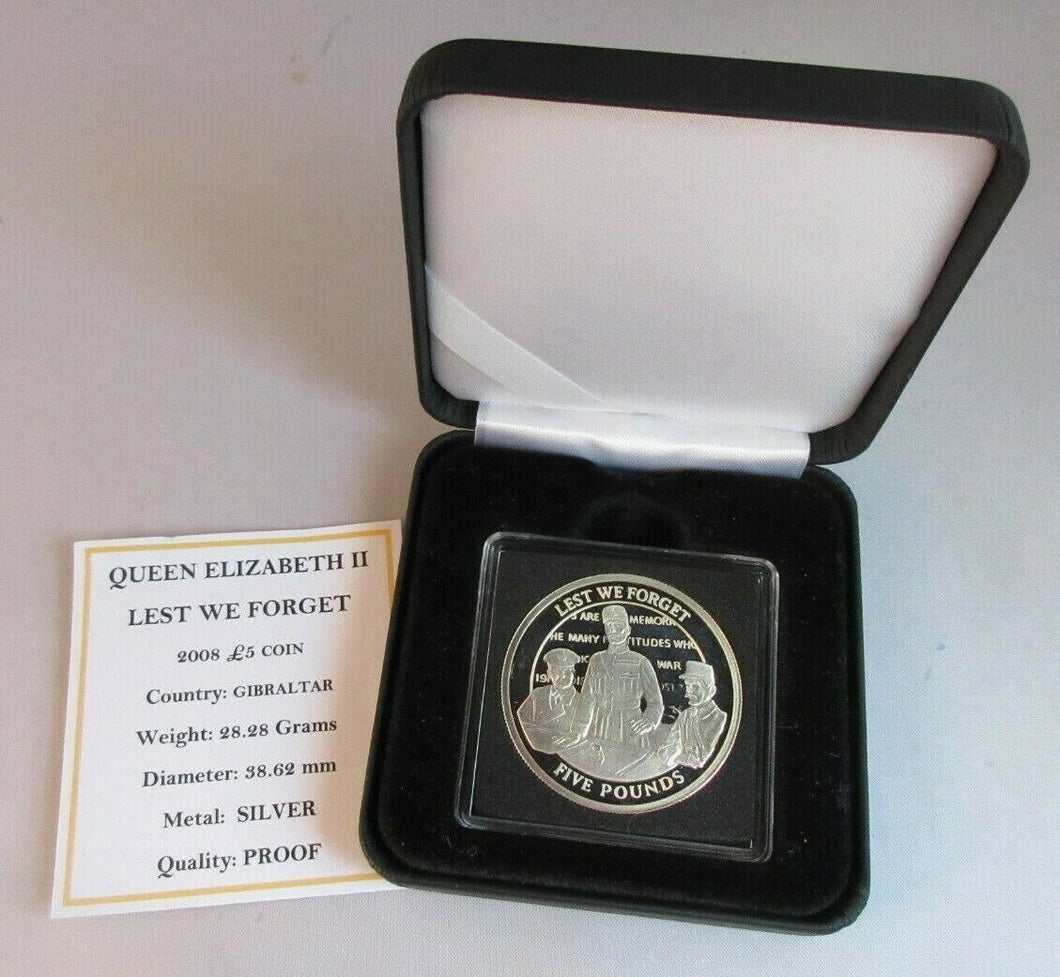 2008 QEII LEST WE FORGET GIBRALTAR SILVER PROOF £5 FIVE POUND CROWN BOX & COA