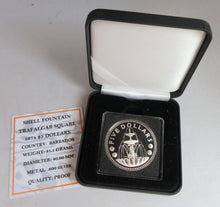 Load image into Gallery viewer, 1974 SHELL FOUNTAIN TRAFALGAR SQUARE SILVER PROOF BARBADOS $5 COIN BOX &amp; COA
