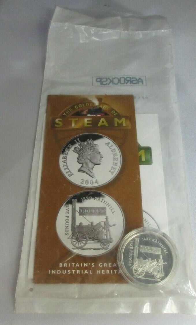 2004 ROCKET THE GOLDEN AGE OF STEAM TRAINS SILVER PROOF ALDERNEY £5 COIN & COA