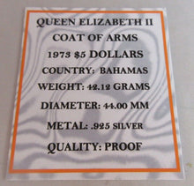 Load image into Gallery viewer, 1973 QEII COAT OF ARMS SILVER PROOF BAHAMA ISLANDS $5 COIN WITH COA
