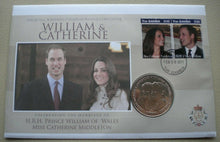 Load image into Gallery viewer, 2011 WILLIAM &amp; CATHERINE THE ROYAL WEDDING 1 CROWN COMMEMORATIVE COIN COVER PNC
