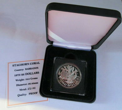 1973 PROOF STAGHORN CORAL & WEST INDIAN FISH BARBADOS $2 COIN BOX & COA