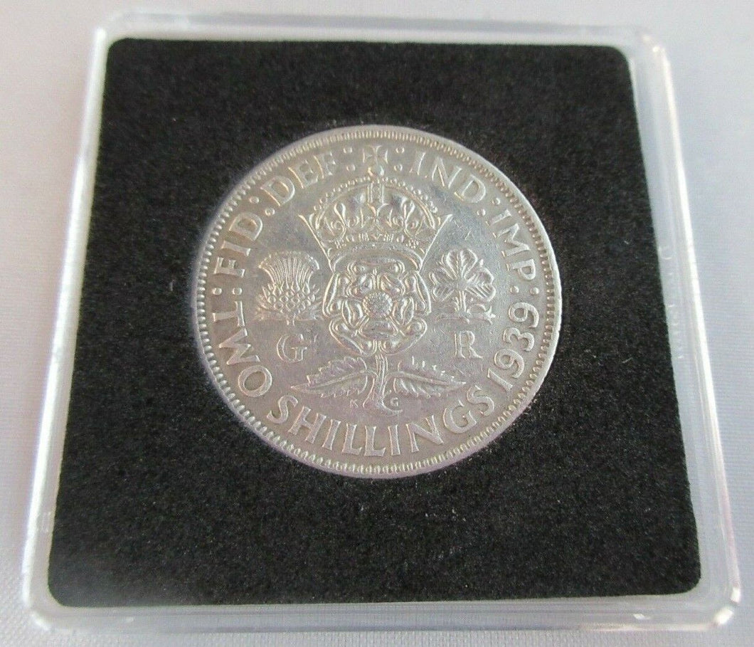 1939 KING GEORGE VI BARE HEAD .500 SILVER FLORIN TWO SHILLING COIN WITH CAPSULE