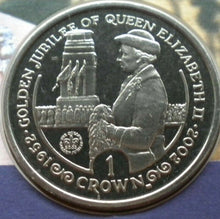 Load image into Gallery viewer, 2002 HM THE QUEEN&#39;S GOLDEN JUBILEE, BUNC ISLE OF MAN ONE CROWN COIN PNC/STAMP
