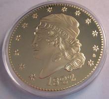 Load image into Gallery viewer, 1822 CAPPED BUST HALF EAGLE RE-STRIKE 70MM MEDALLION GOLD PLATED, CAPSULE &amp; COA
