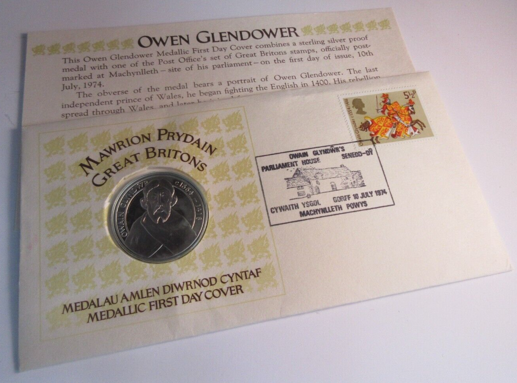 1974 GREAT BRITONS OWEN GLENDOWER MEDALLIC 1ST DAY COVER SILVER PROOF MEDAL PNC