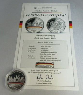 20 YEARS OF GERMAN UNITY CENTRAL ROUND TABLE 1989 SILVER PROOF MEDAL WITH COA