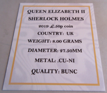 Load image into Gallery viewer, 2019 SHERLOCK HOLMES QEII BUNC 50P FIFTY PENCE COIN WITH QUAD CAPSULE &amp; COA
