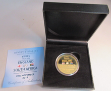 Load image into Gallery viewer, 2019 THE RUGBY FINALIST ENGLAND SOUTH AFRICA 2ND NOV GOLD PLATED MEDAL BOX &amp; COA
