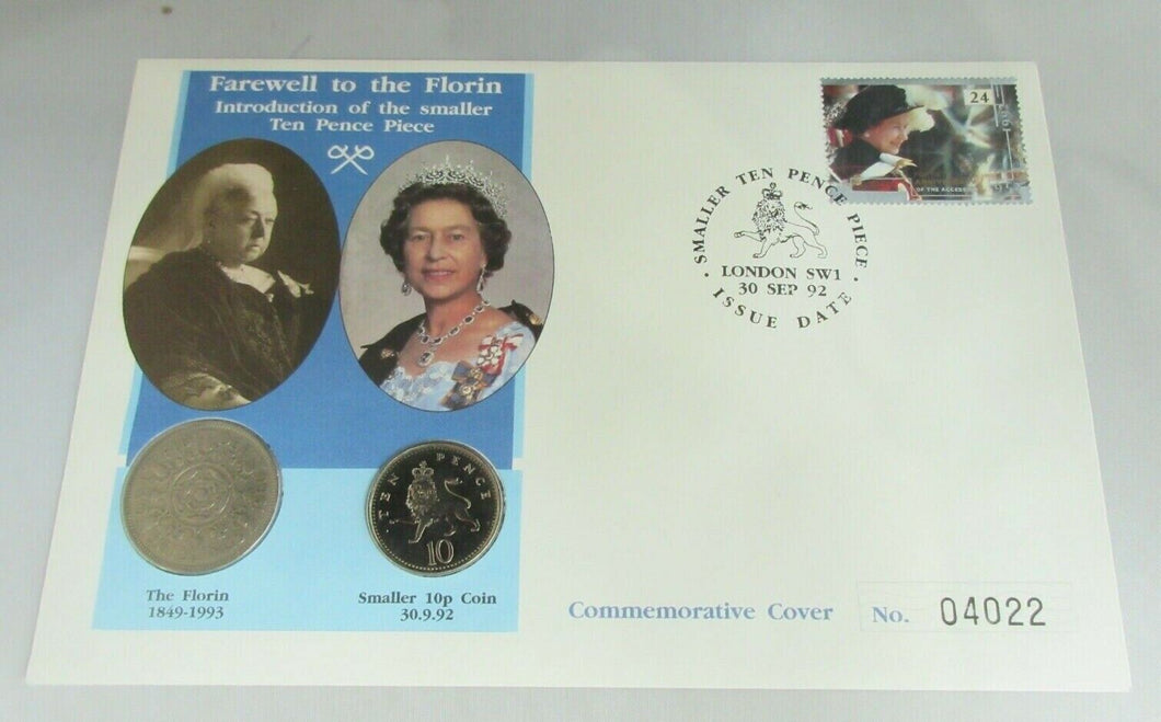 1992 FAREWELL TO THE FLORIN INTRODUCTION OF THE SMALLER TEN PENCE COIN COVER PNC