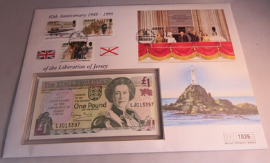 1945-1995 50th ANNIVERSARY OF THE LIBERATION OF JERSEY £1 BANKNOTE COVER PNC