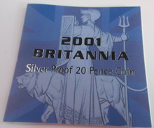 Load image into Gallery viewer, 2001 BRITANNIA SILVER PROOF 1/10 OZ 20p COIN FROM ROYAL MINT BOX &amp; COA
