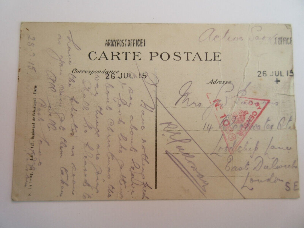 WWI FOUR DE PARIS BOMBARDMENT  1915 CENSORED FIELD POST POST CARD D1