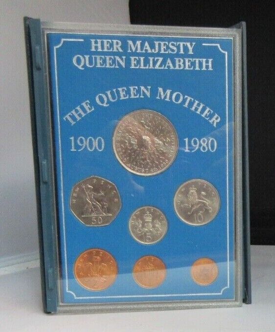 1900-1980 HM QUEEN ELIZABETH THE QUEEN MOTHER 7 COIN SET & ROYAL MINT BLUE BOOK