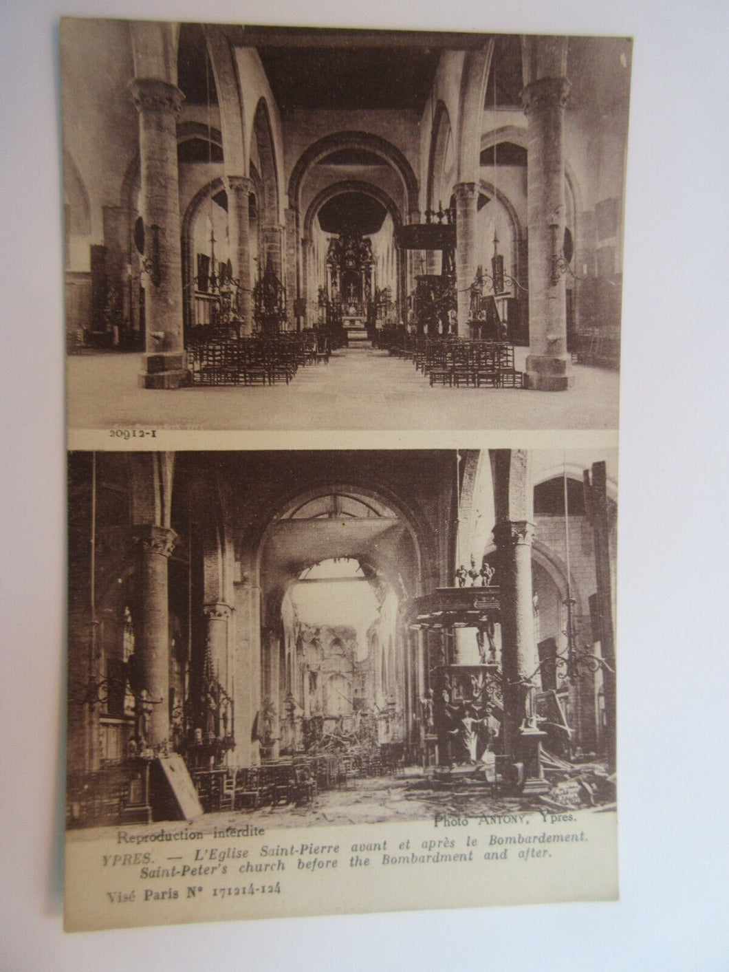 WWI POSTCARD YPRES SAINT PETERS CHURCH BEFORE & AFTER BOMBARDMENT A6