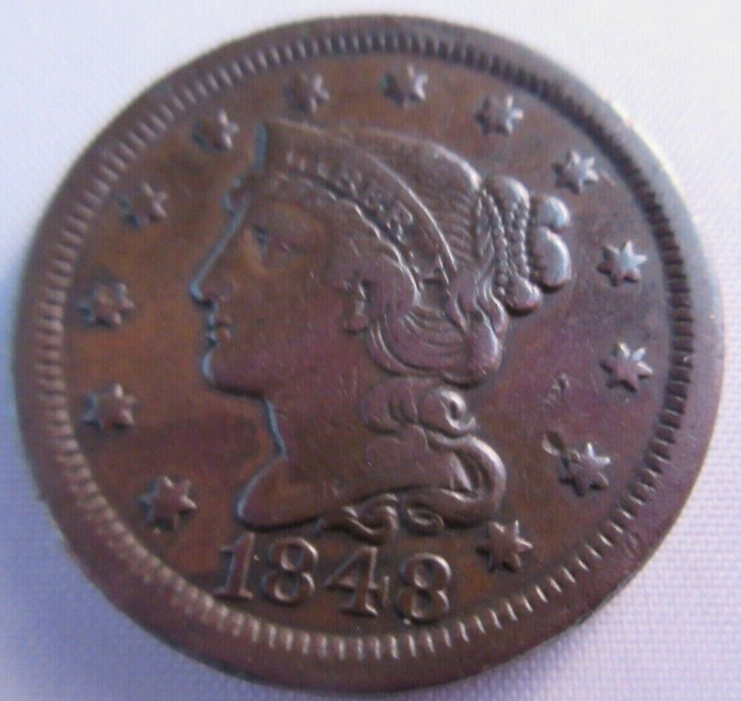 1848 USA BRAIDED HAIR LIBERTY HEAD ONE CENT COIN EF+ PRESENTED IN CLEAR FLIP