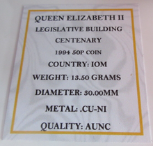 Load image into Gallery viewer, 1994 QEII LEGISLATIVE BUILDING CENTENARY MINT MARK AA FIFTY PENCE COIN BOX &amp; COA
