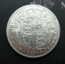 Load image into Gallery viewer, 1917 GEORGE V BARE HEAD FIRST COIN HALF 1/2 CROWN SPINK 4011 CROWNED SHIELD Cc1
