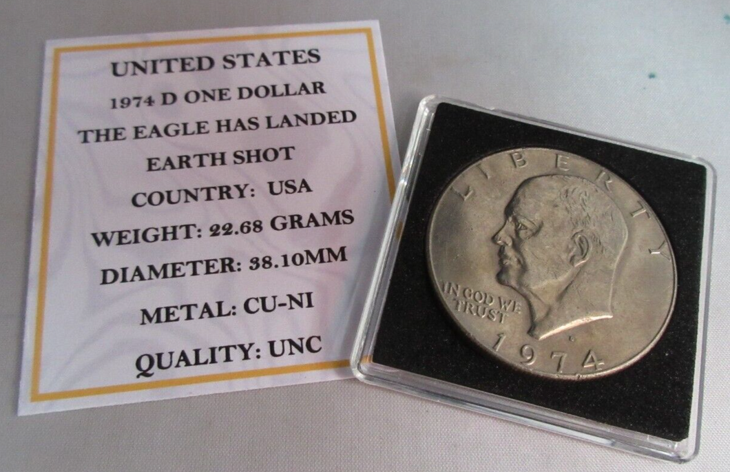1974 USA D THE EAGLE HAS LANDED EARTH SHOT ONE DOLLAR $1 COIN UNC CAPSULE & COA