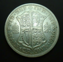 Load image into Gallery viewer, 1936 GEORGE V BARE HEAD COINAGE HALF 1/2 CROWN SPINK 4037 CROWNED SHIELD C3
