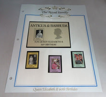 Load image into Gallery viewer, 1986 QUEEN ELIZABETH II 60TH BIRTHDAY ANTIGUA &amp; BARBUDA STAMPS &amp; ALBUM SHEET
