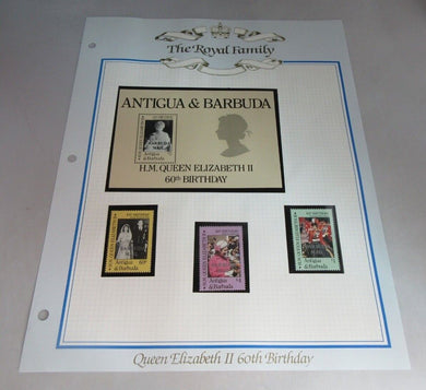 1986 QUEEN ELIZABETH II 60TH BIRTHDAY ANTIGUA & BARBUDA STAMPS & ALBUM SHEET