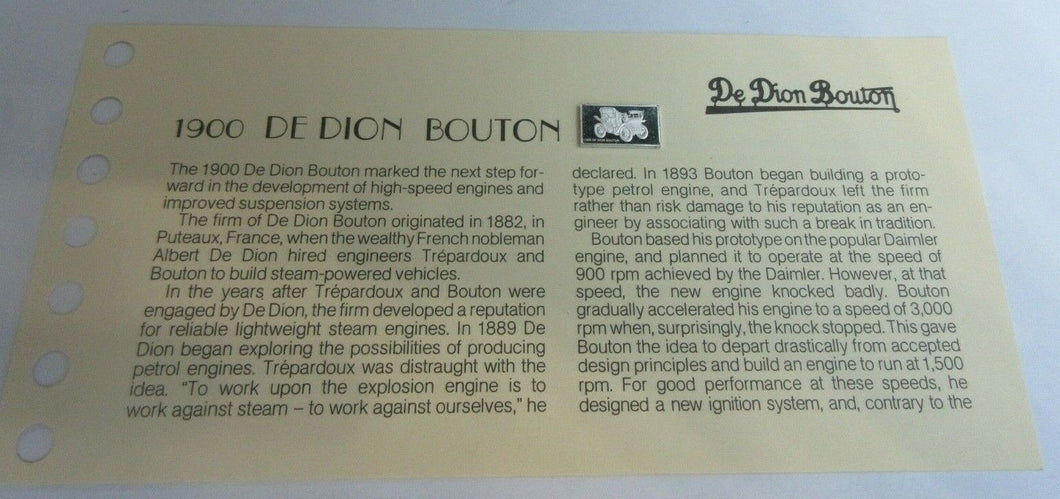 1900 DE DION BOUTON 15mm X 10mm 1.60gram SILVER INGOT WITH INFORMATION SLIP