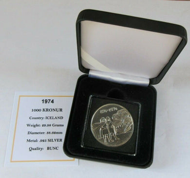 1974 1000 KRONUR SILVER BUNC ICELAND 1000 KRONUR COIN WITH BOX & COA